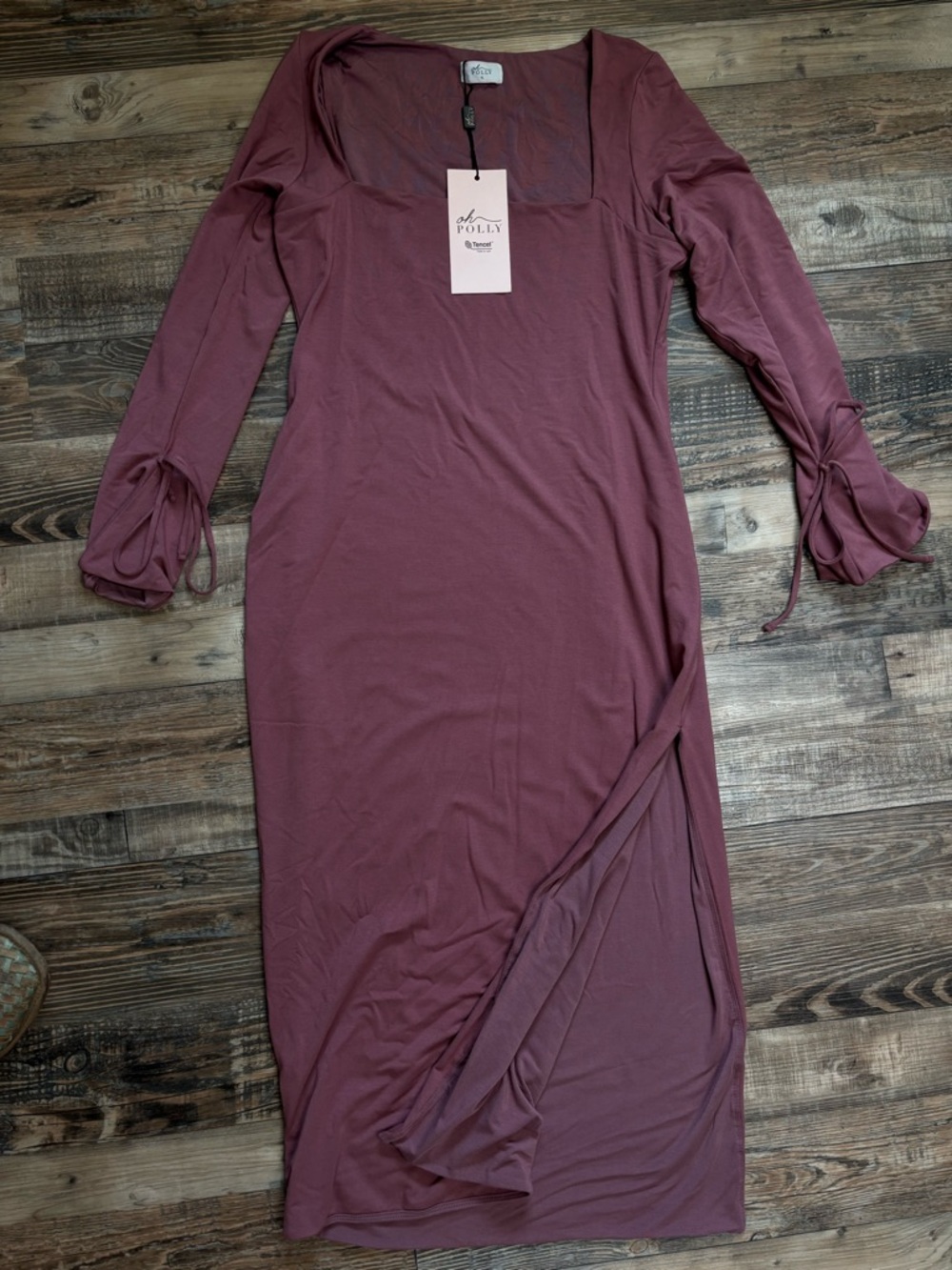 Oh Polly, Burgandy Square Neck Long Sleeve Midi Dress